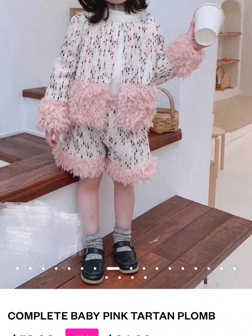 Ivory and pink Tweed Two-Piece Set with Blush Pink Feather Trim